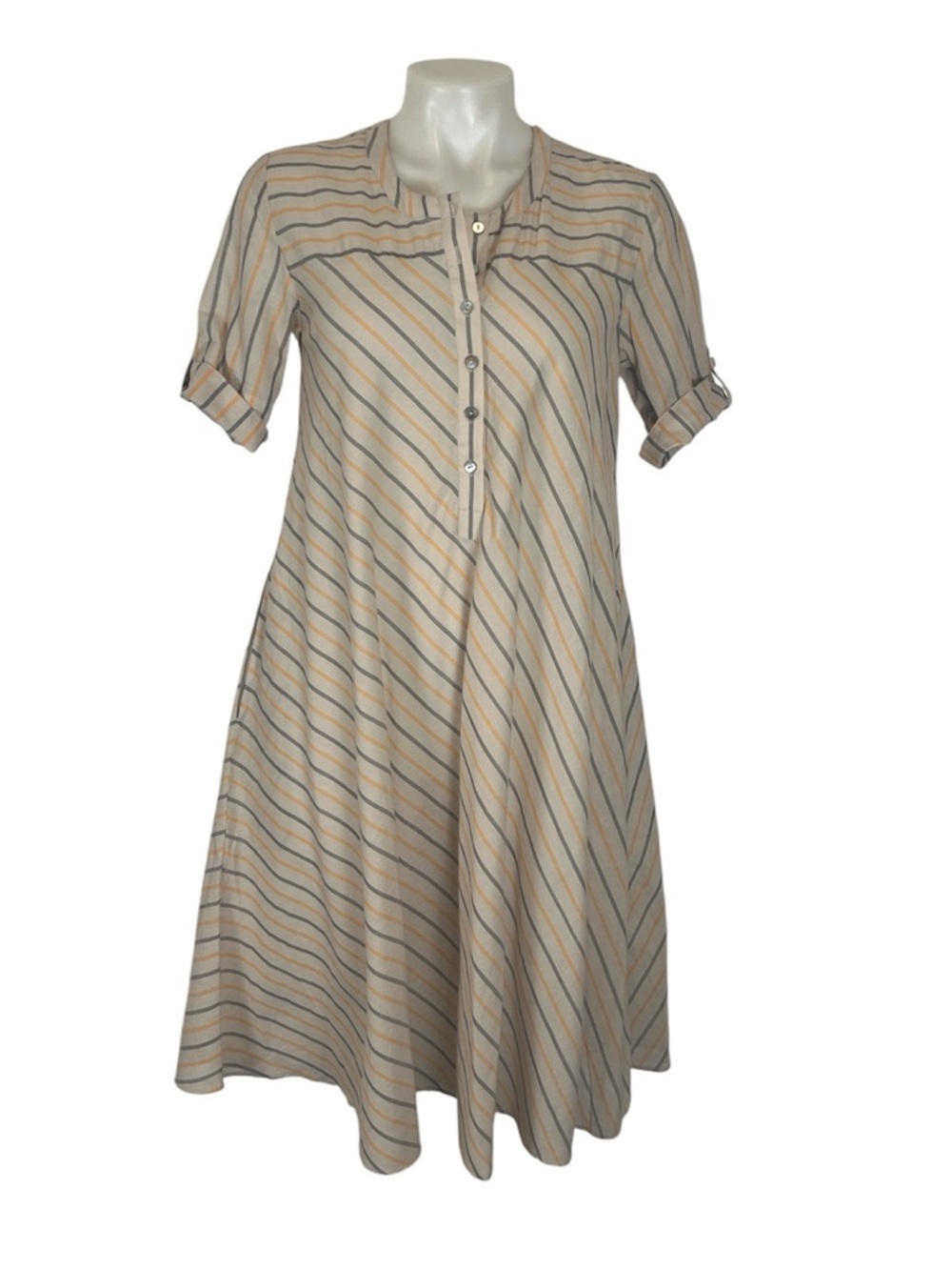 Nicobar tan strip cotton short sleeve shirt dress shell buttons size Small